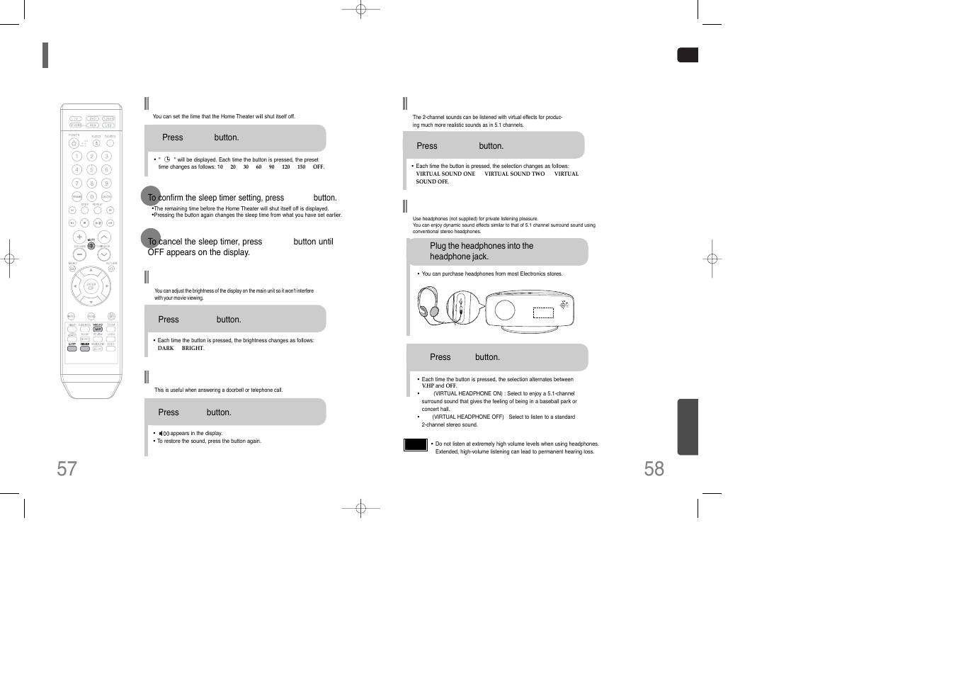 Operating a tv with the remote control, 57 convenient functions, Convenient functions | V-sound(virtual sound), Virtual headphone function, Adjusting display brightness, Sleep timer function, Mute function | Siemens HT-Q100 User Manual | Page 30 / 35