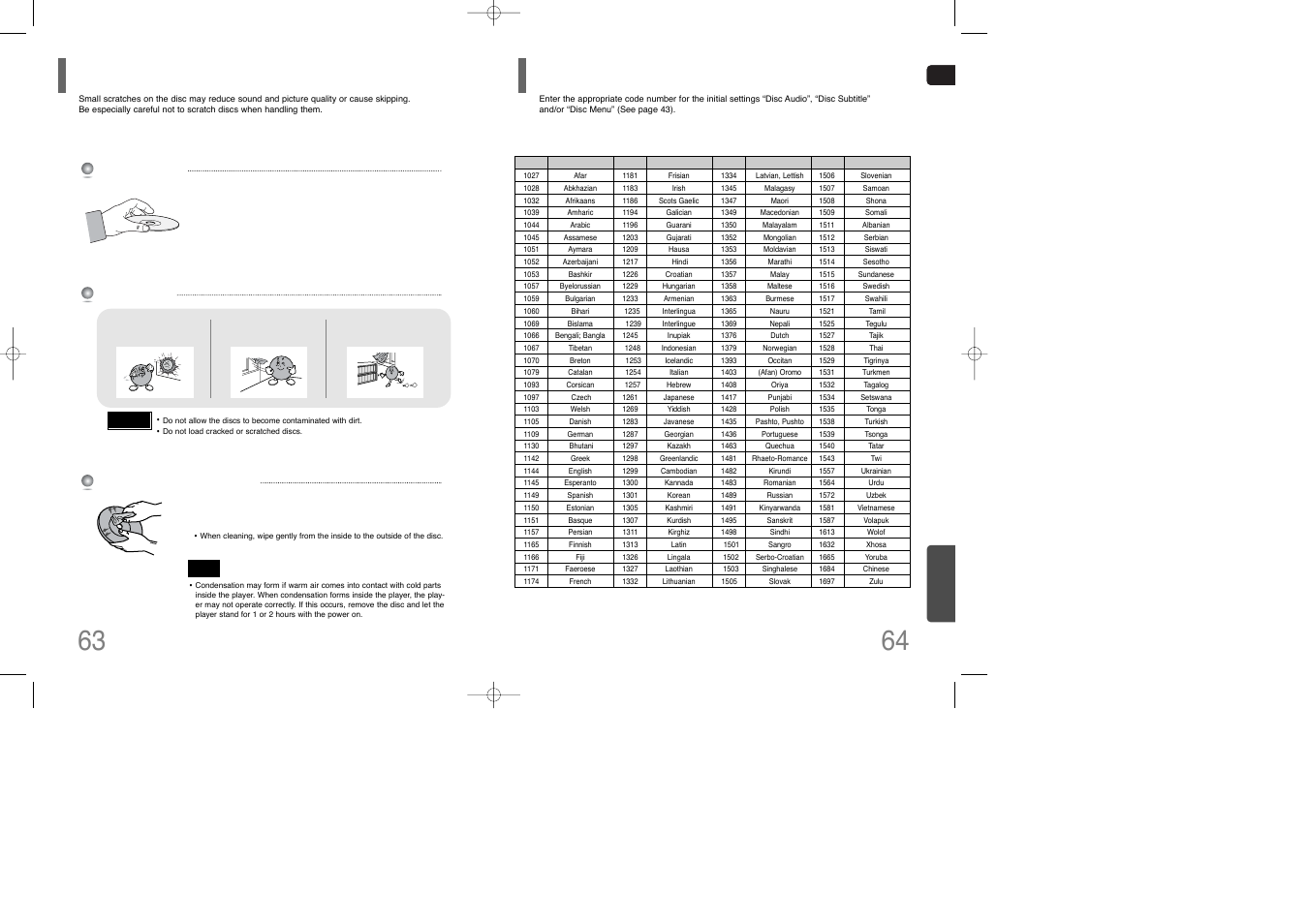 Cautions on handling and storing discs, Language code list, Language code list 63 | Siemens HT-Q100 User Manual | Page 33 / 35