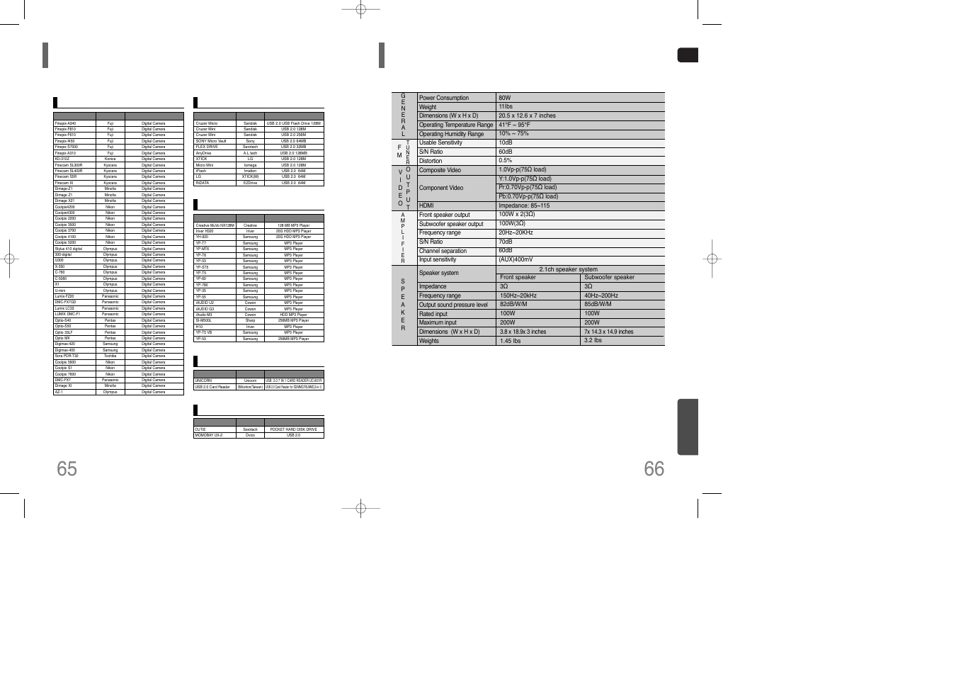 Usb host feature supported products, Specifications, 65 usb host feature supported products | Miscellaneous | Siemens HT-Q100 User Manual | Page 34 / 35