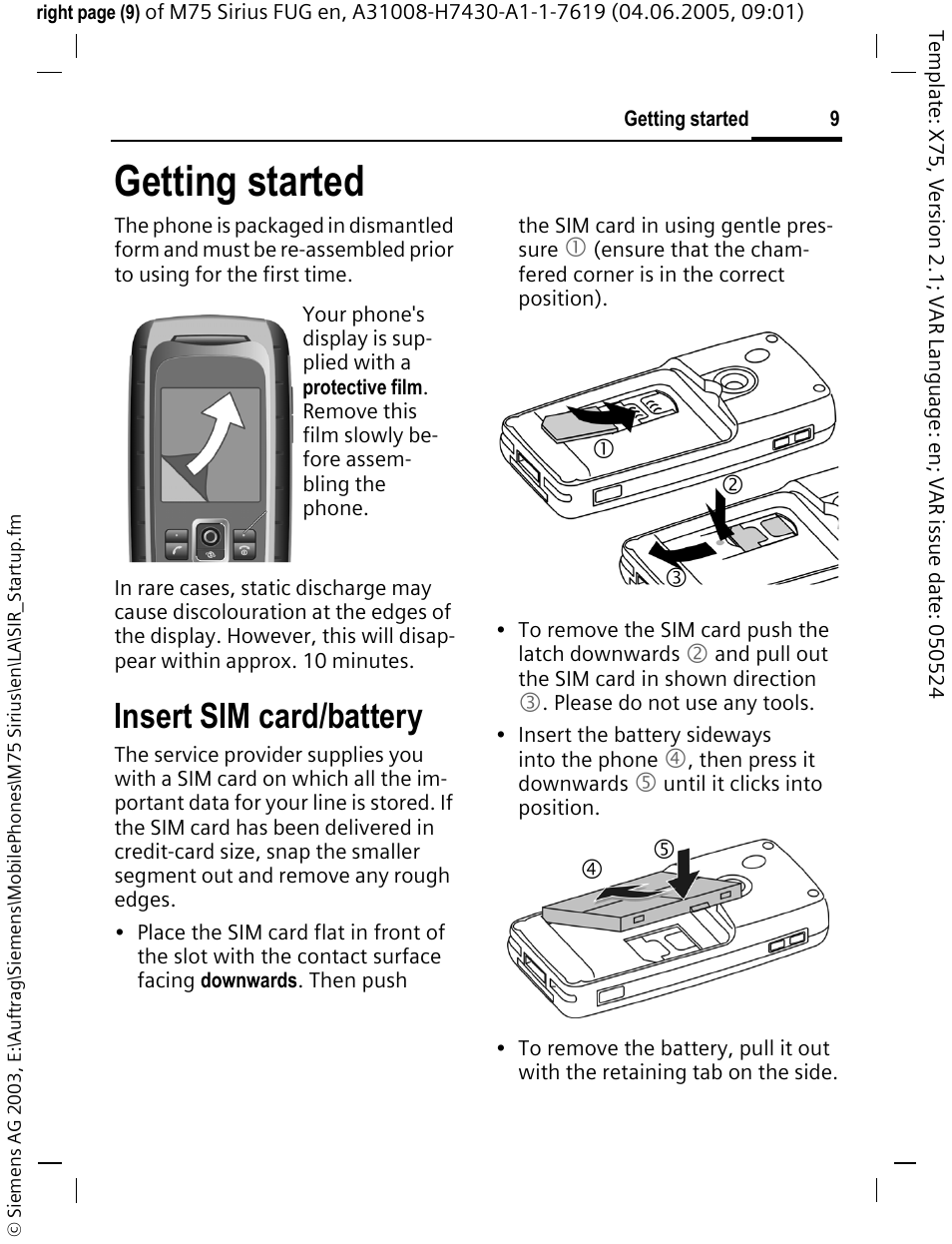 Getting started, Insert sim card/battery | Siemens M75 User Manual | Page 10 / 153