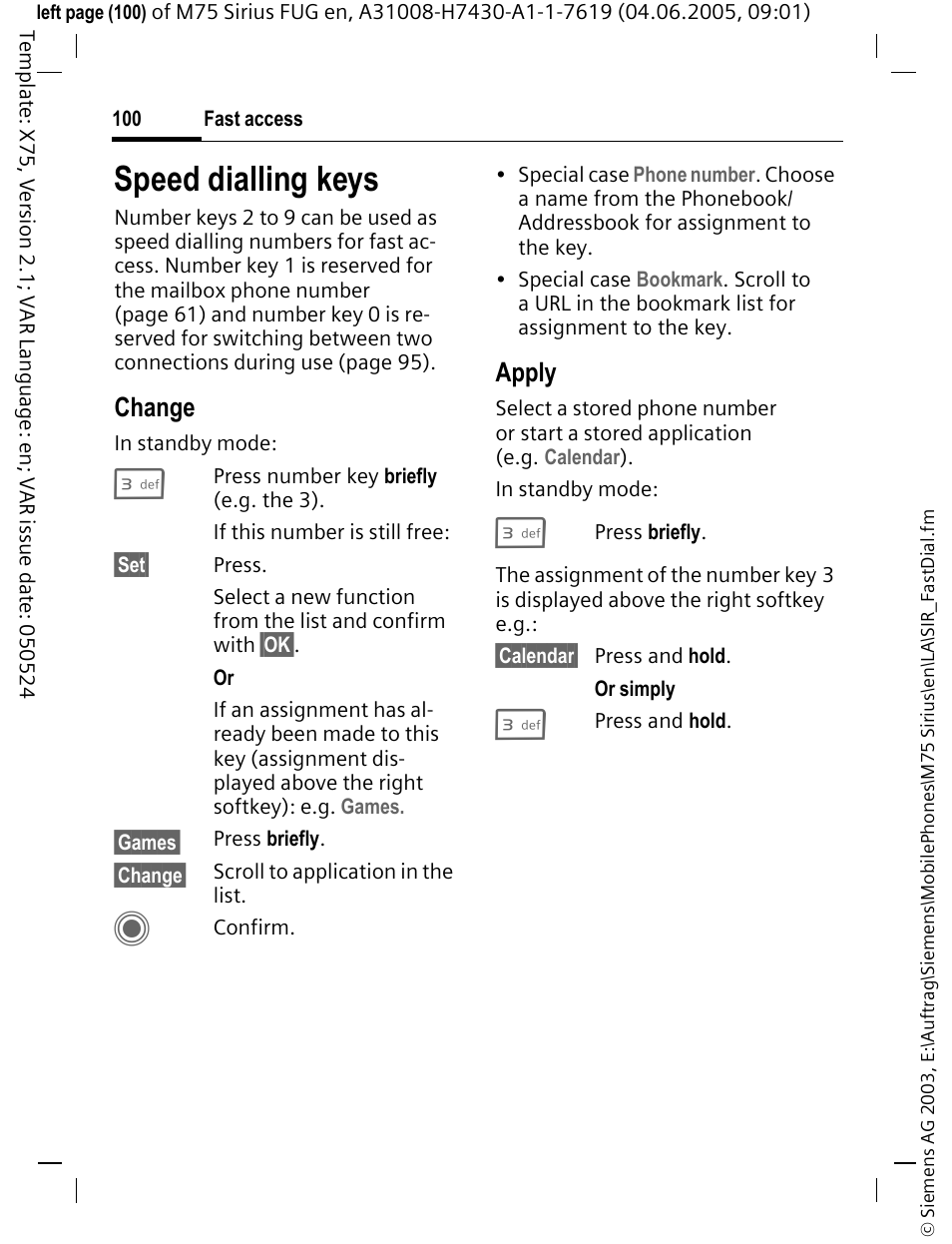 Speed dialling keys, Change, Apply | Siemens M75 User Manual | Page 101 / 153