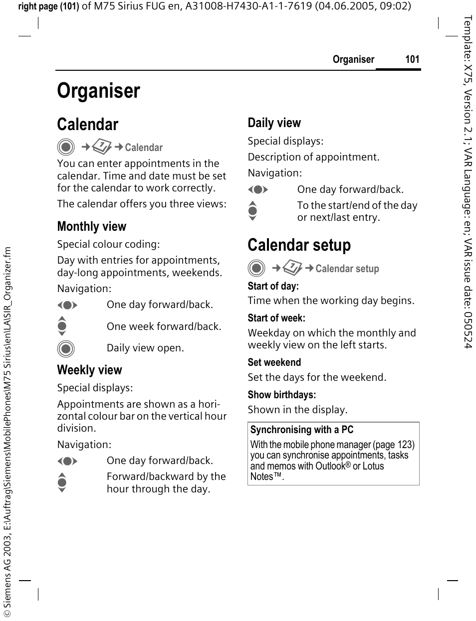 Organiser, Calendar, Calendar setup | Siemens M75 User Manual | Page 102 / 153