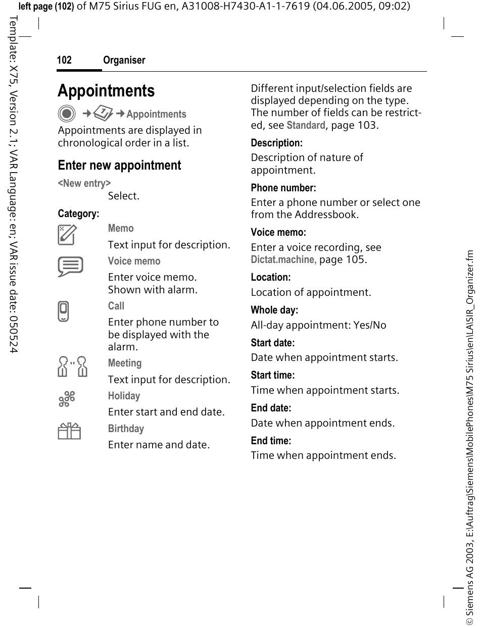 Appointments | Siemens M75 User Manual | Page 103 / 153