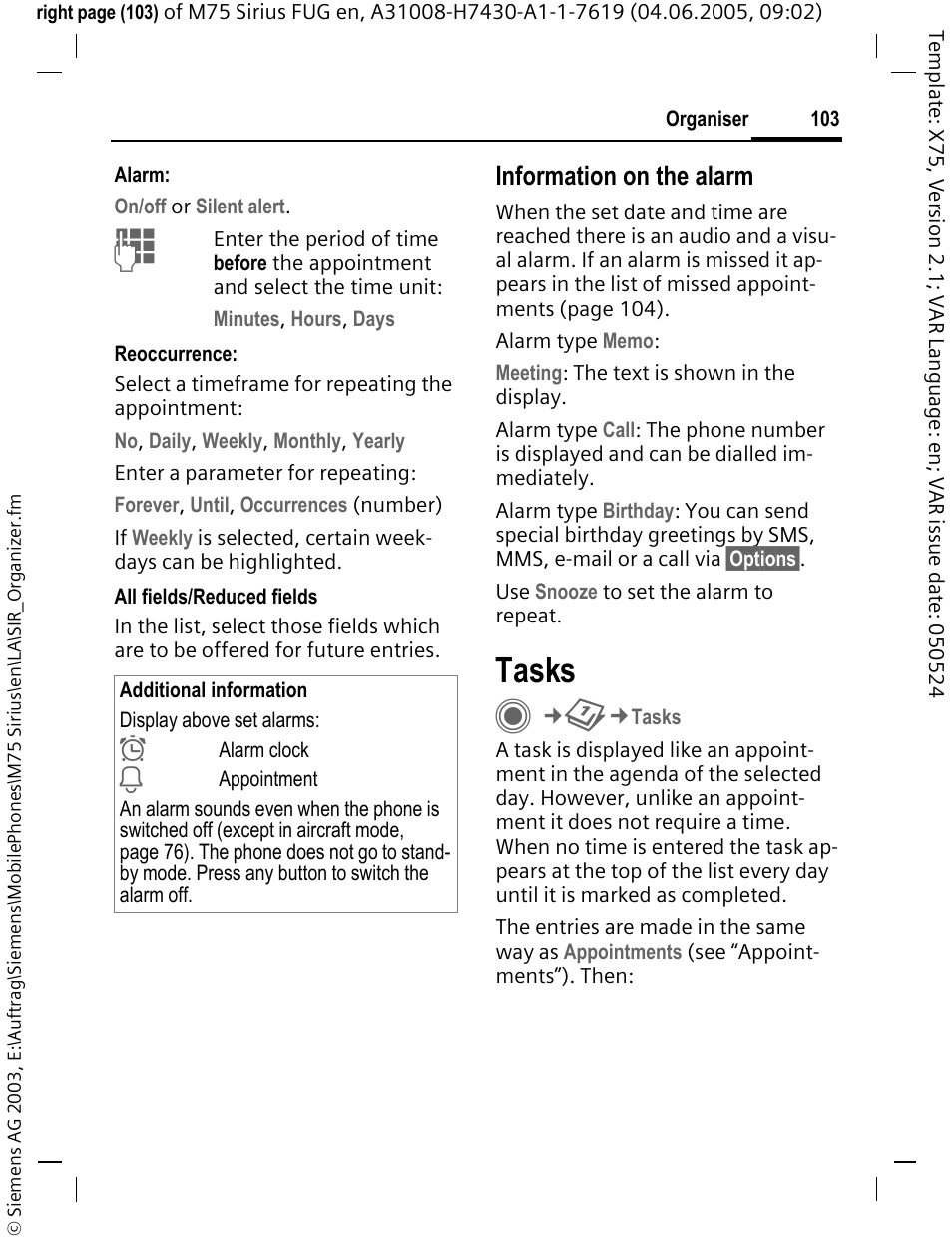 Tasks, Information on the alarm | Siemens M75 User Manual | Page 104 / 153