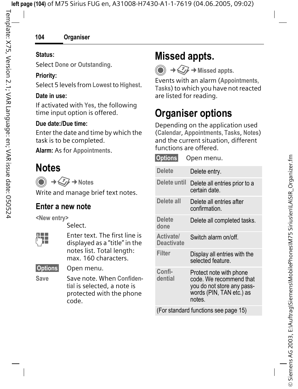 Notes, Missed appts, Organiser options | Siemens M75 User Manual | Page 105 / 153