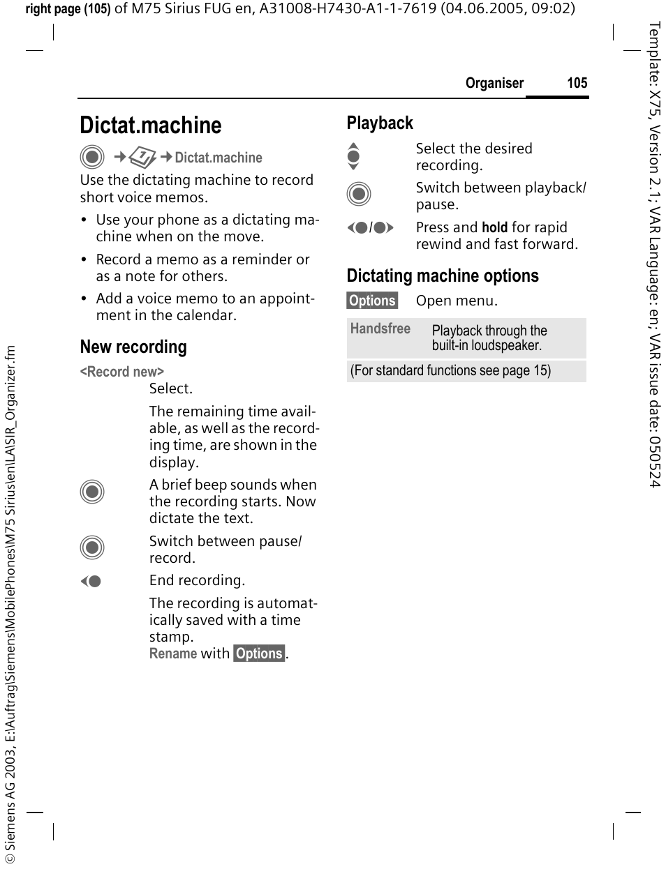 Dictat.machine | Siemens M75 User Manual | Page 106 / 153