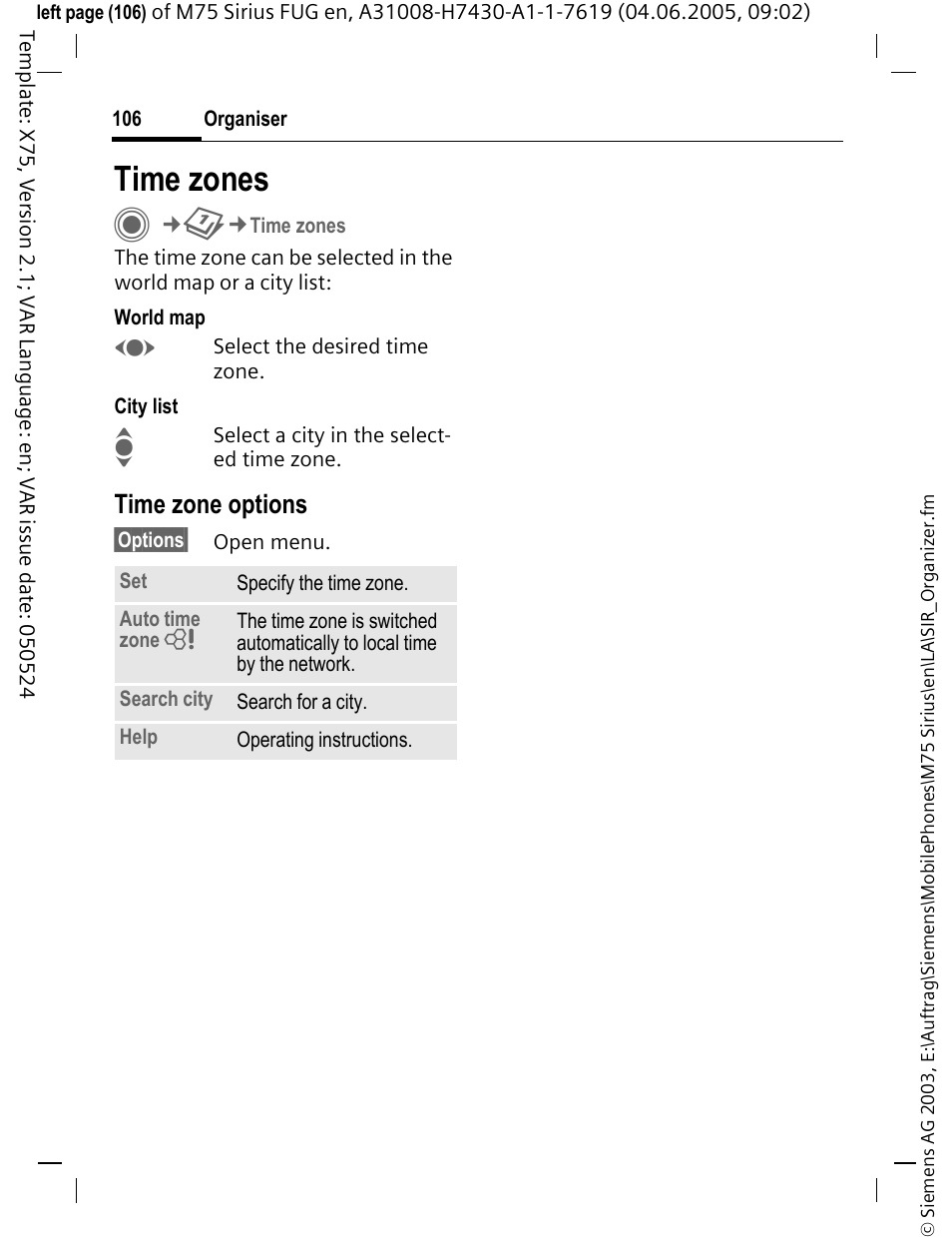 Time zones | Siemens M75 User Manual | Page 107 / 153