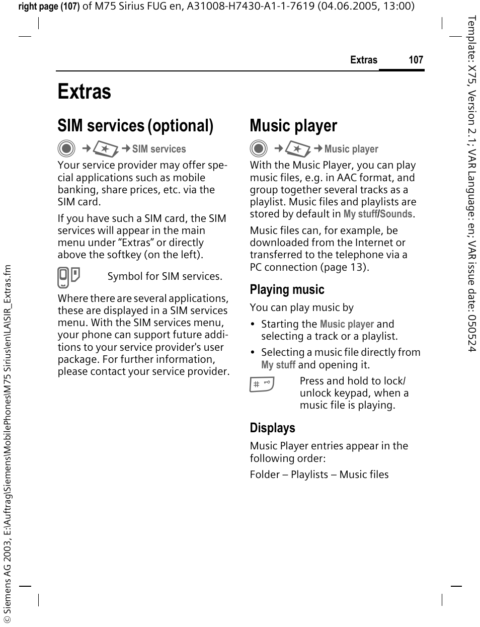 Extras, Sim services (optional), Music player | Sim services, Optional) | Siemens M75 User Manual | Page 108 / 153