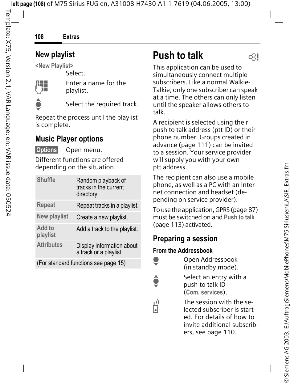 Push to talk b, Push to talk | Siemens M75 User Manual | Page 109 / 153