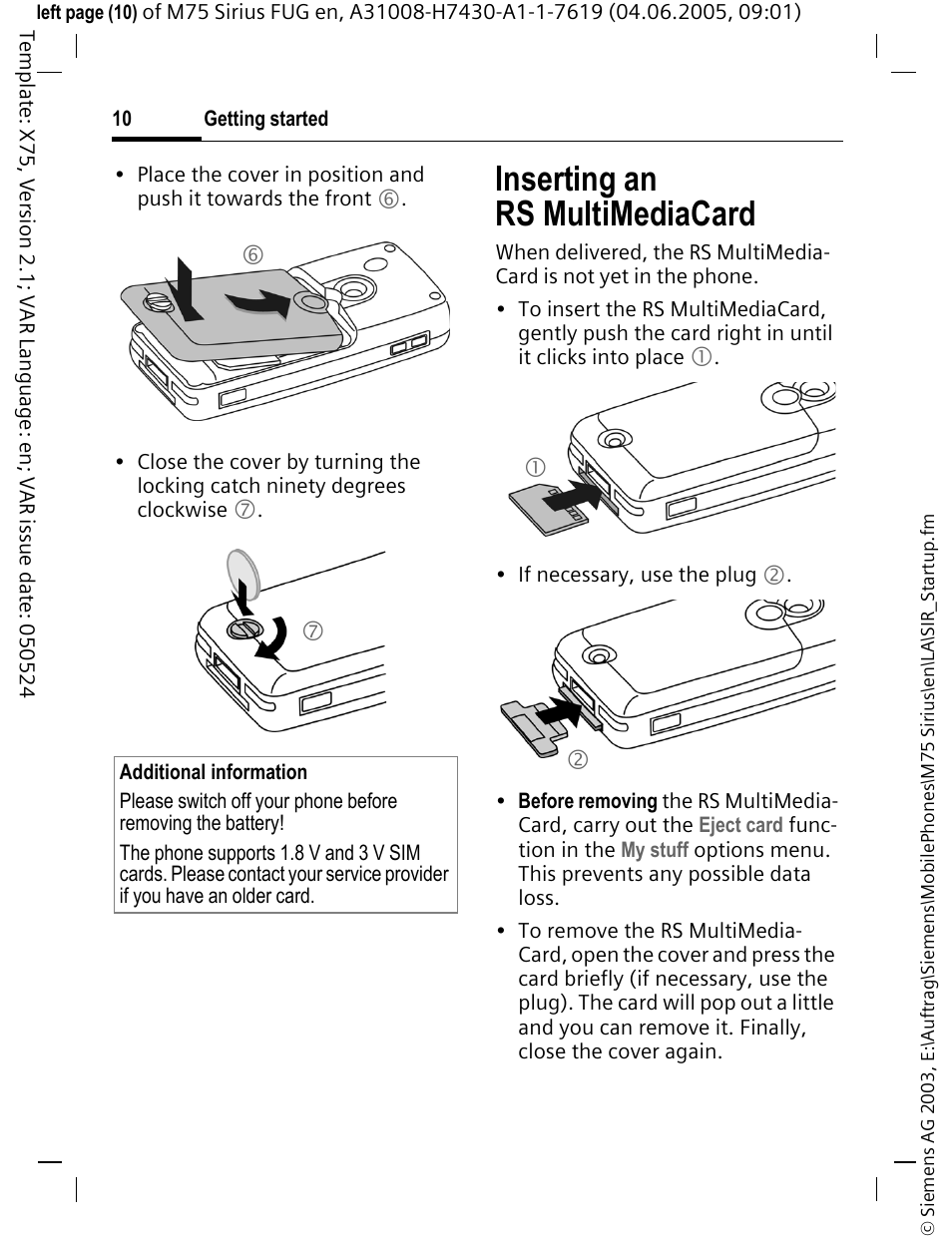 Inserting an rs multimediacard | Siemens M75 User Manual | Page 11 / 153