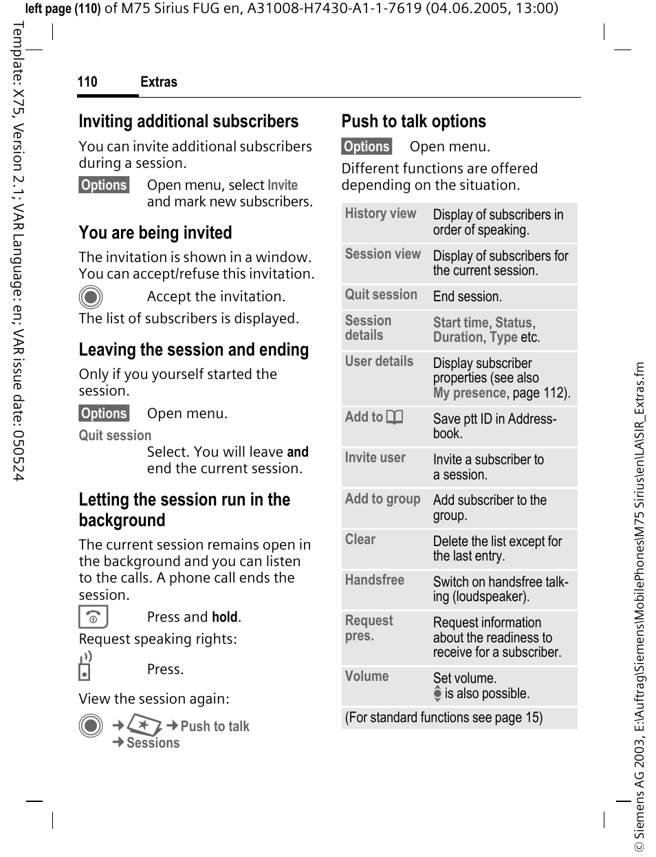 Inviting additional subscribers, You are being invited, Leaving the session and ending | Letting the session run in the background, Push to talk options | Siemens M75 User Manual | Page 111 / 153