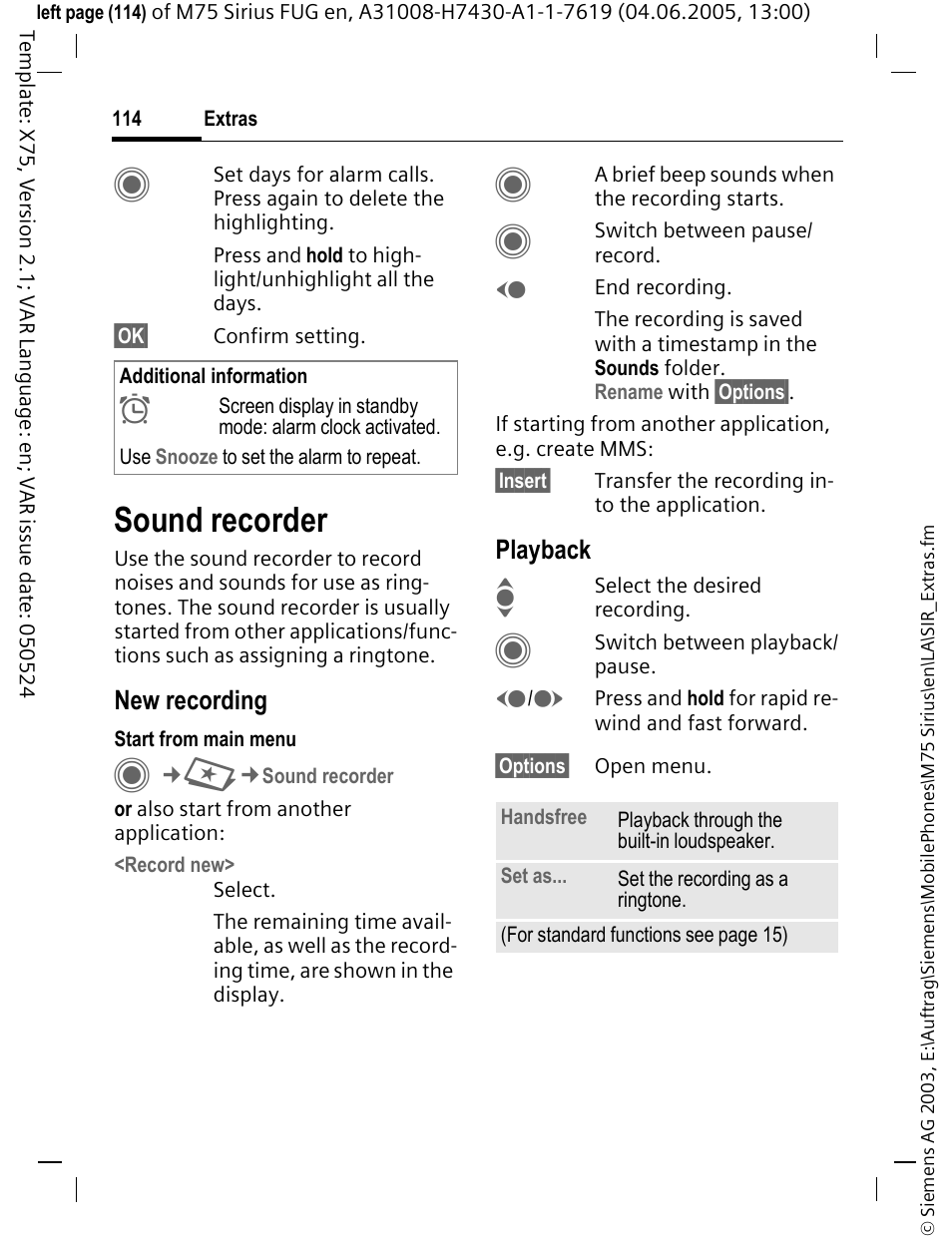 Sound recorder | Siemens M75 User Manual | Page 115 / 153