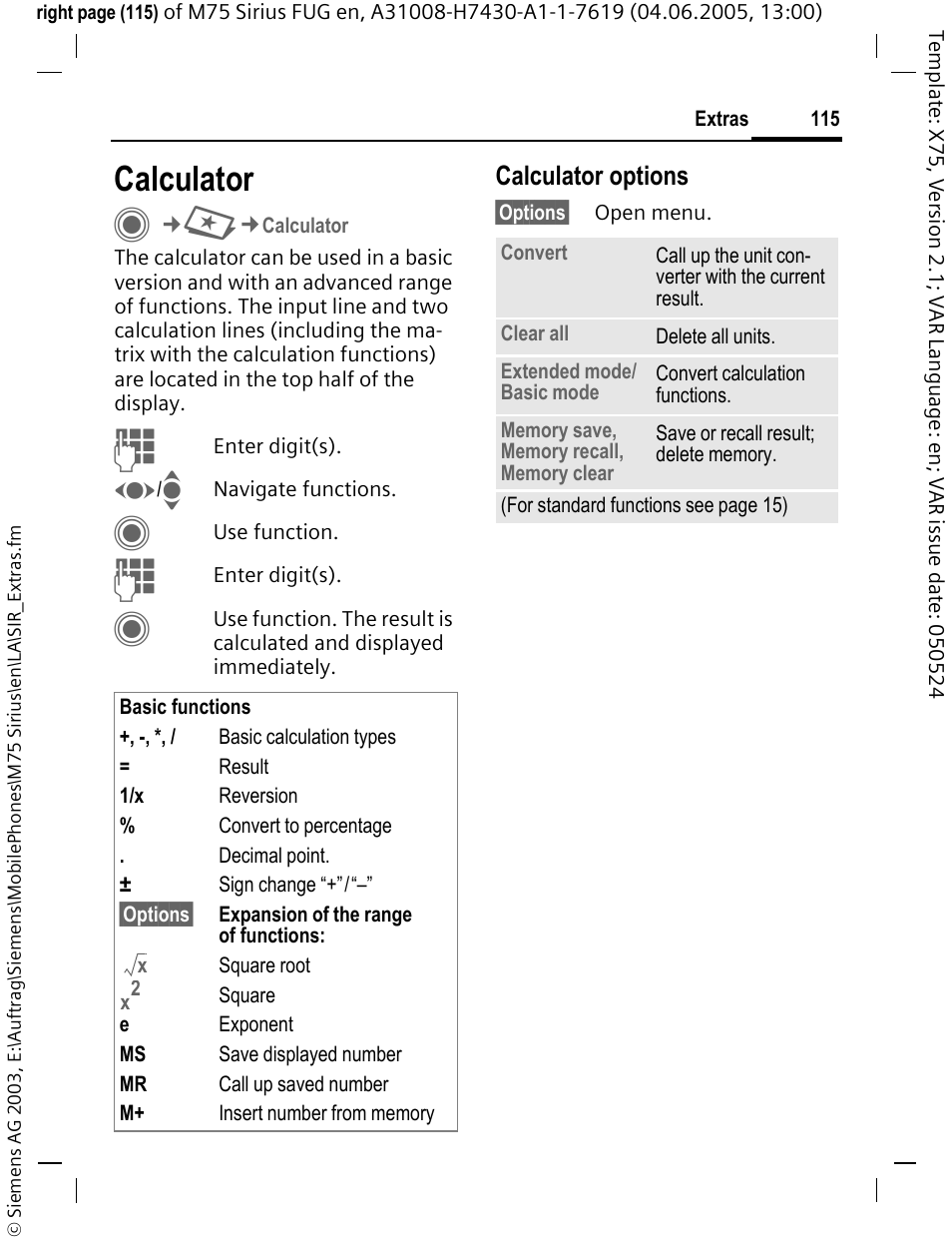 Calculator | Siemens M75 User Manual | Page 116 / 153