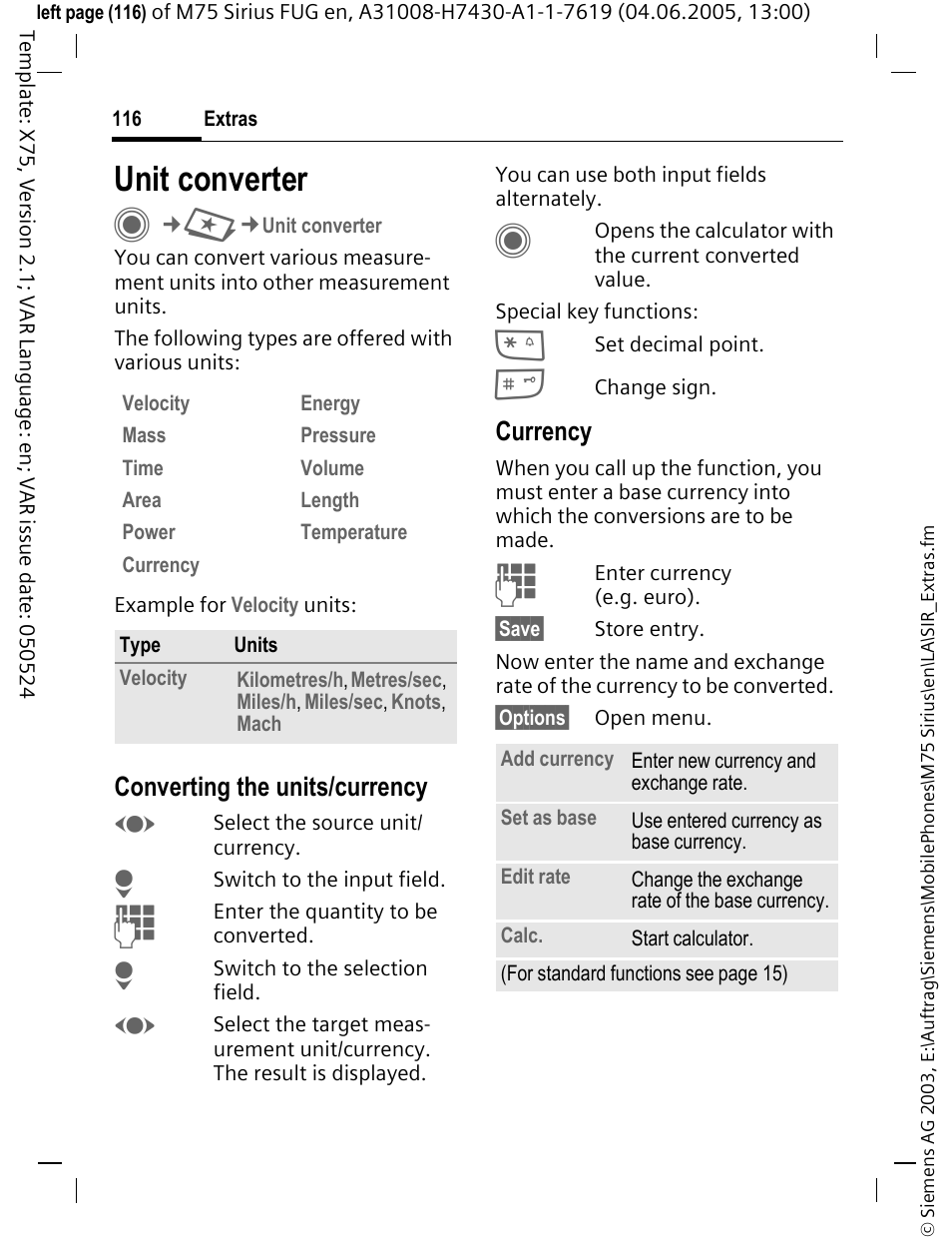 Unit converter | Siemens M75 User Manual | Page 117 / 153