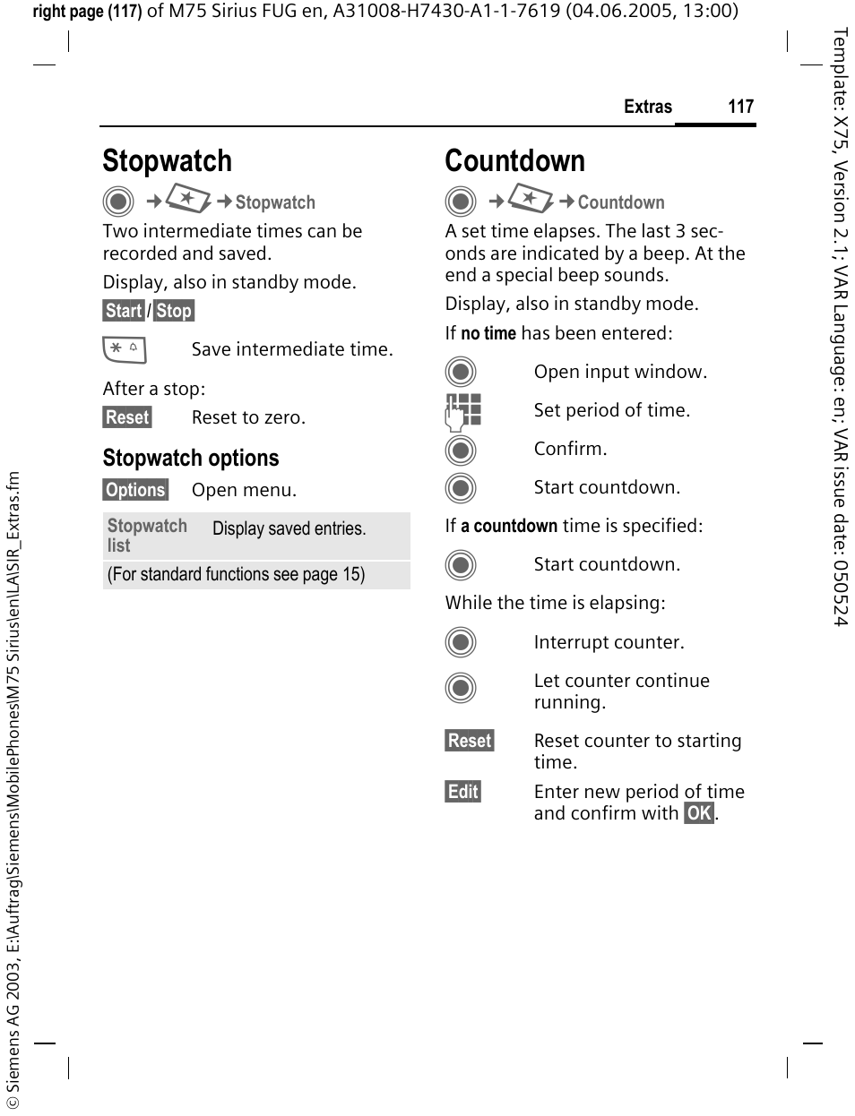 Stopwatch, Countdown, Stopwatch countdown | Siemens M75 User Manual | Page 118 / 153