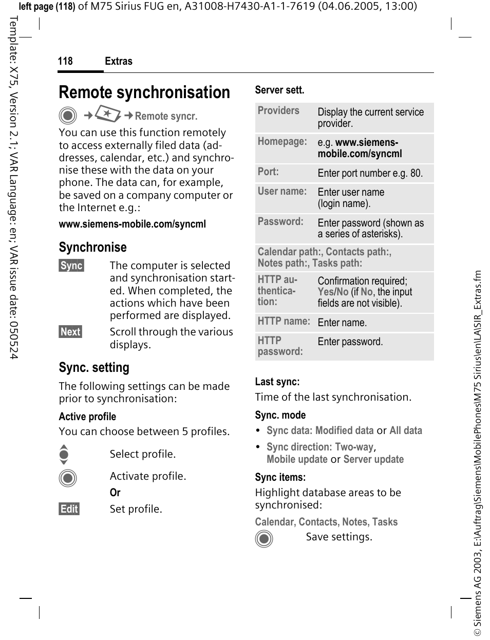 Remote synchronisation, Synchronise, Sync. setting | Siemens M75 User Manual | Page 119 / 153