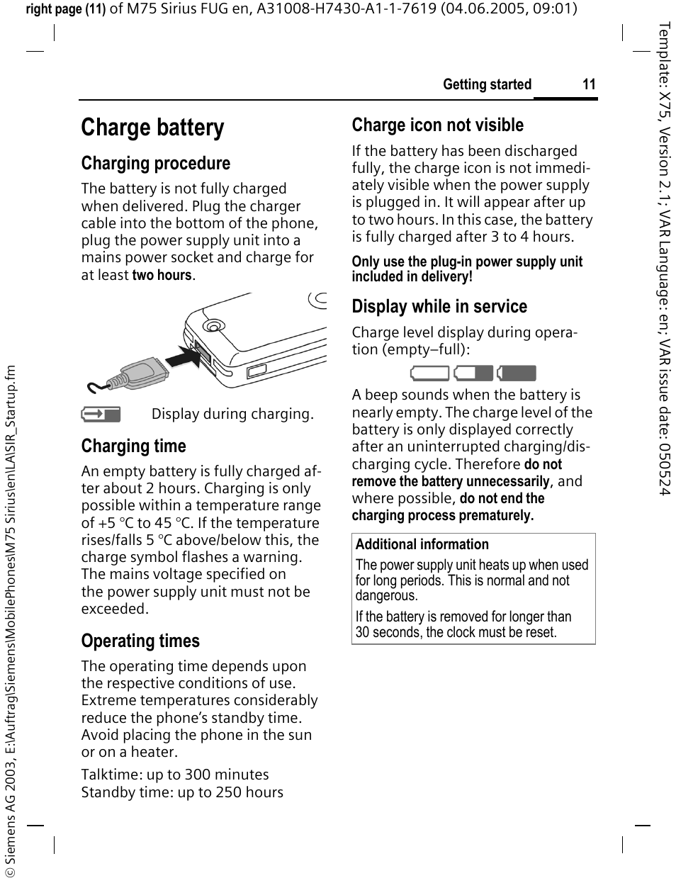 Charge battery | Siemens M75 User Manual | Page 12 / 153