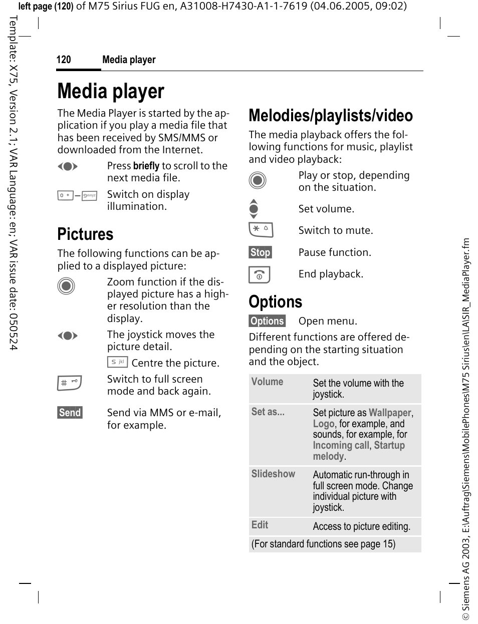 Media player, Pictures, Melodies/playlists/video | Options | Siemens M75 User Manual | Page 121 / 153