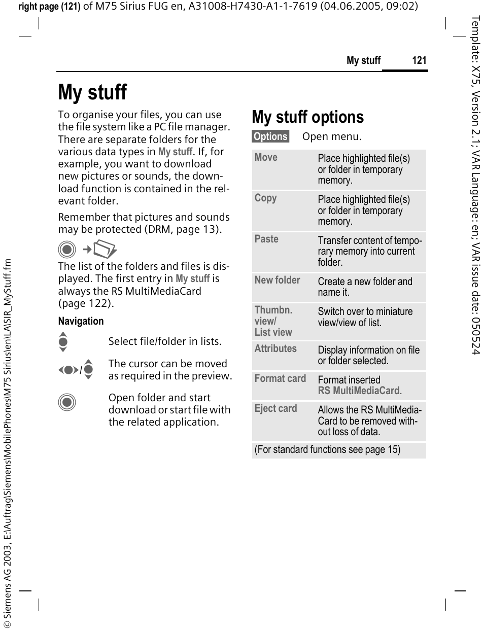 My stuff, Pictures (p. 121), My stuff options | Siemens M75 User Manual | Page 122 / 153