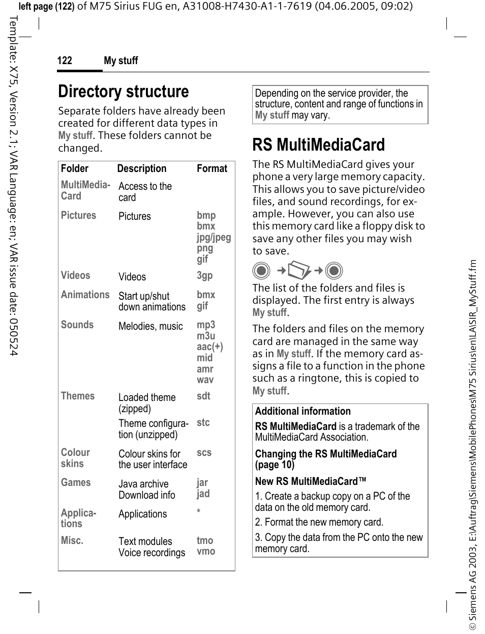 Rs multimediacard, Directory structure | Siemens M75 User Manual | Page 123 / 153