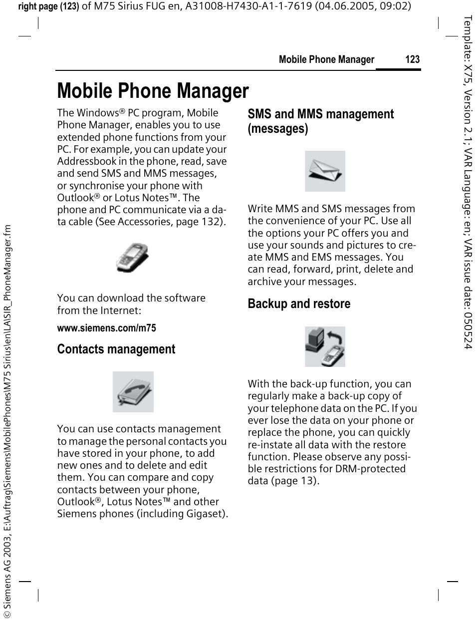 Mobile phone manager, Contacts management, Sms and mms management (messages) | Backup and restore | Siemens M75 User Manual | Page 124 / 153