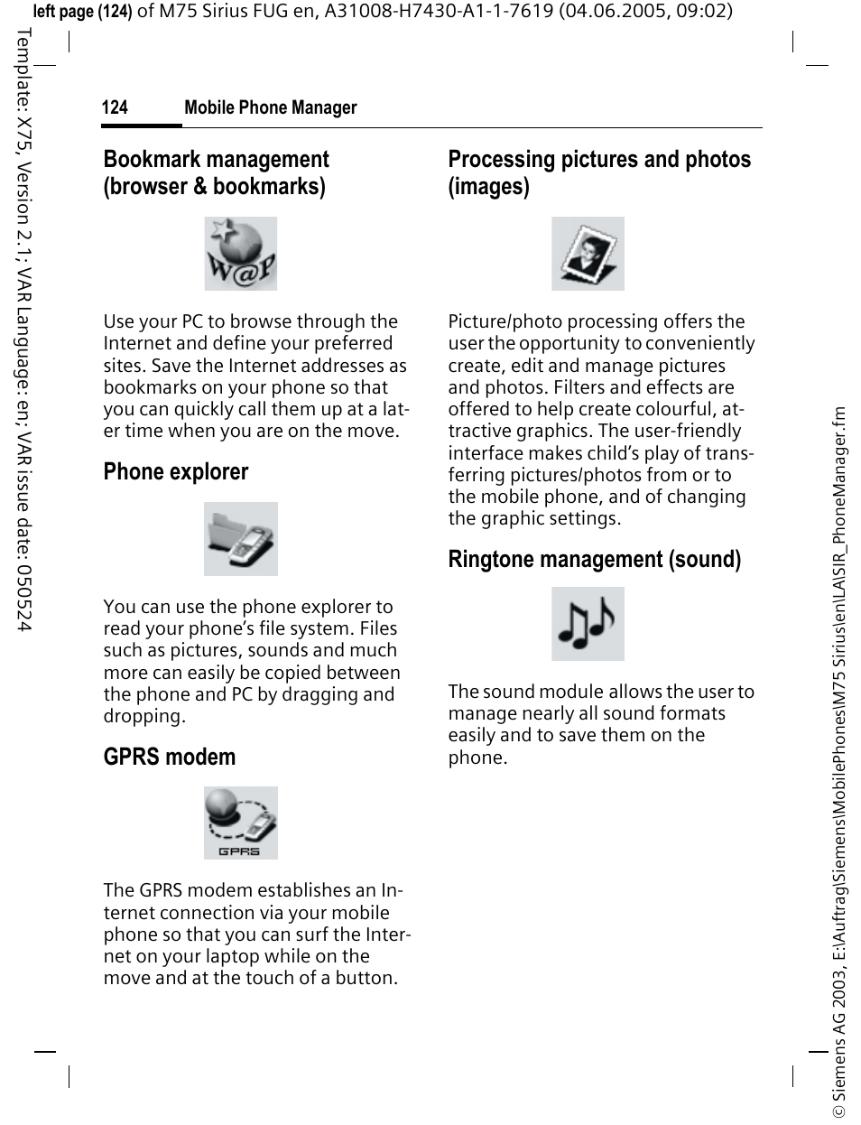 Bookmark management (browser & bookmarks), Phone explorer, Gprs modem | Processing pictures and photos (images), Ringtone management (sound) | Siemens M75 User Manual | Page 125 / 153