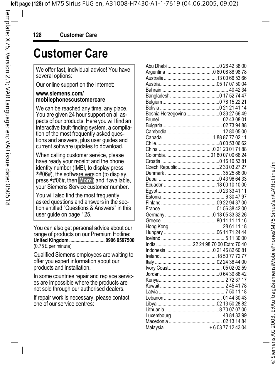 Customer care | Siemens M75 User Manual | Page 129 / 153