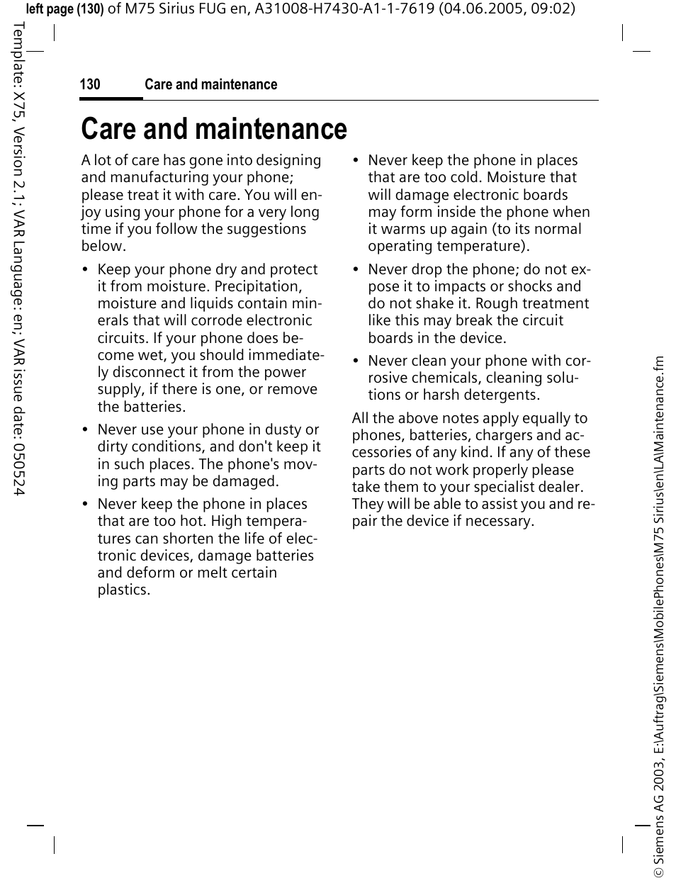 Care and maintenance | Siemens M75 User Manual | Page 131 / 153