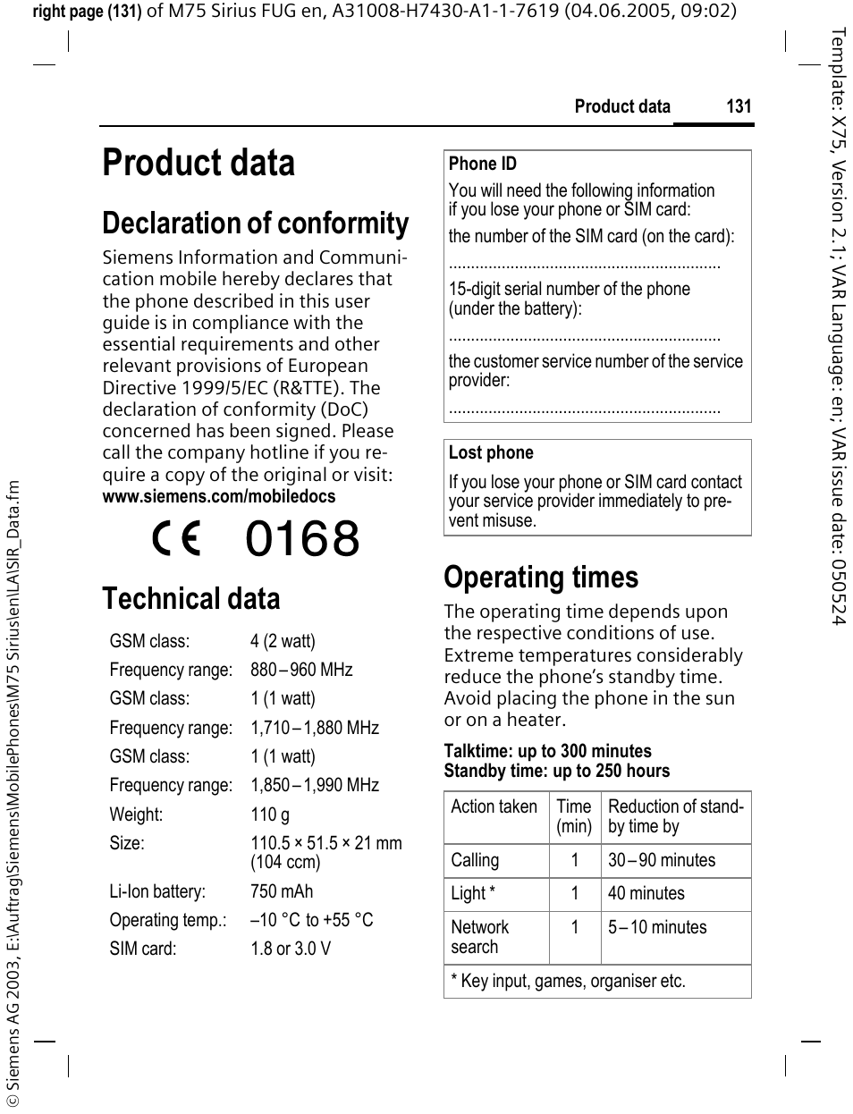 Product data, Declaration of conformity, Technical data operating times | Siemens M75 User Manual | Page 132 / 153