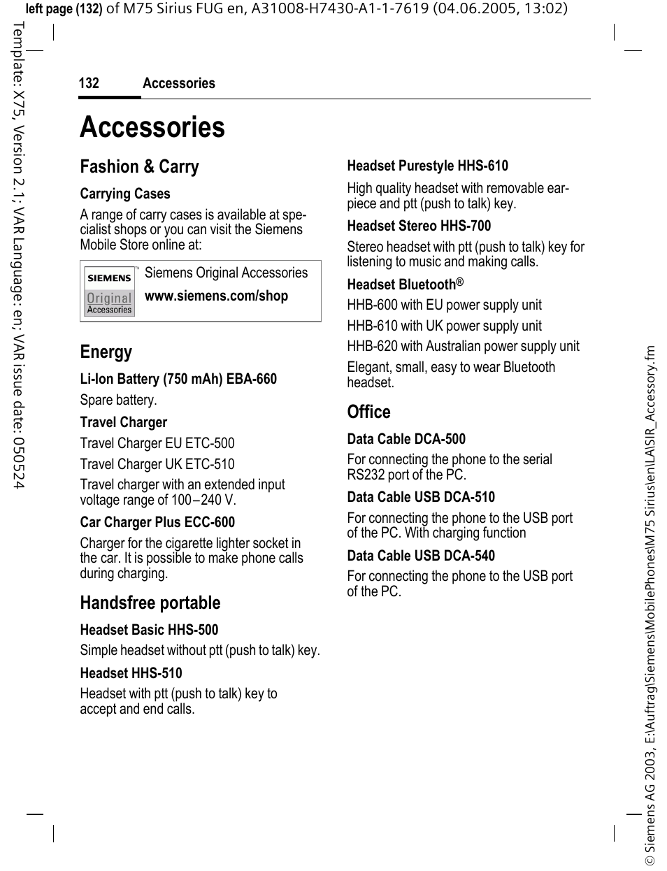 Accessories, Fashion & carry, Energy | Handsfree portable, Office | Siemens M75 User Manual | Page 133 / 153