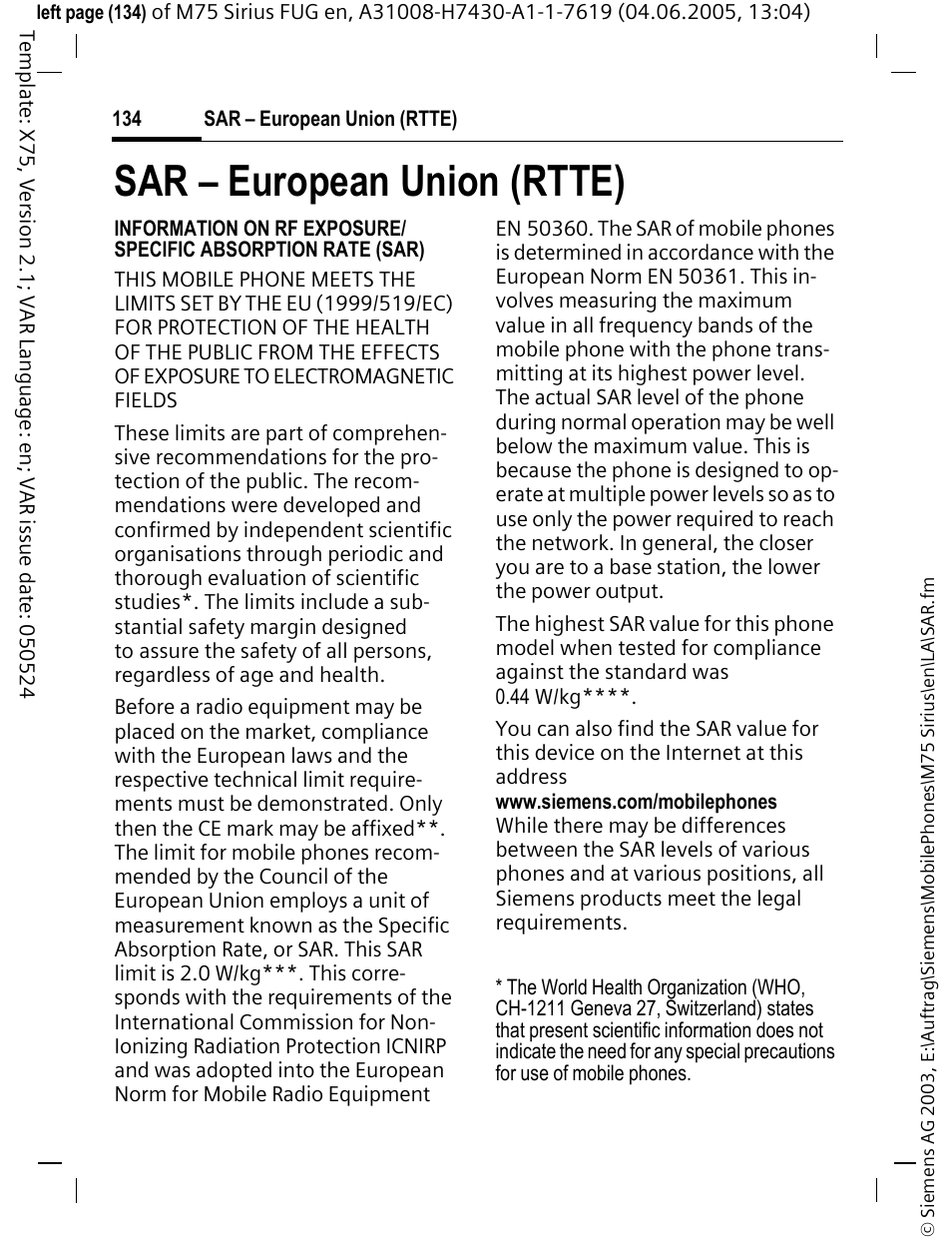 Sar - european union (rtte), Sar – european union (rtte) | Siemens M75 User Manual | Page 135 / 153