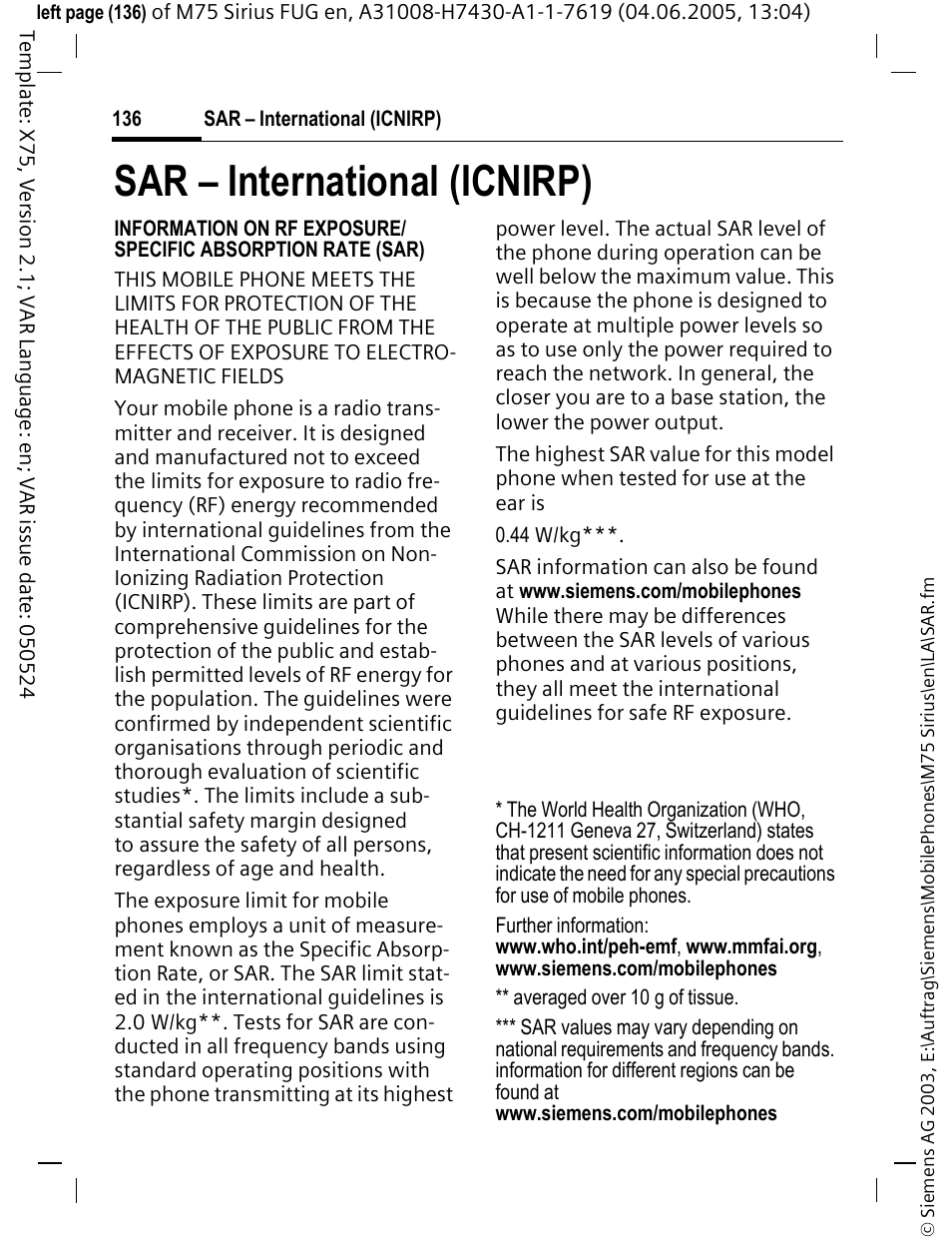 Sar - international (icnirp), Sar – international (icnirp) | Siemens M75 User Manual | Page 137 / 153