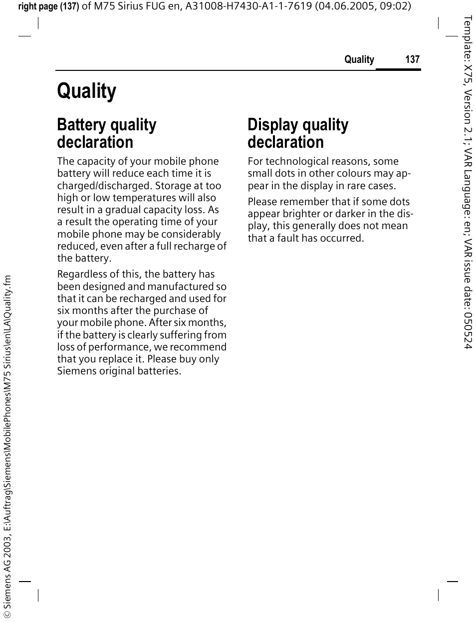 Quality, Battery quality declaration, Display quality declaration | Siemens M75 User Manual | Page 138 / 153