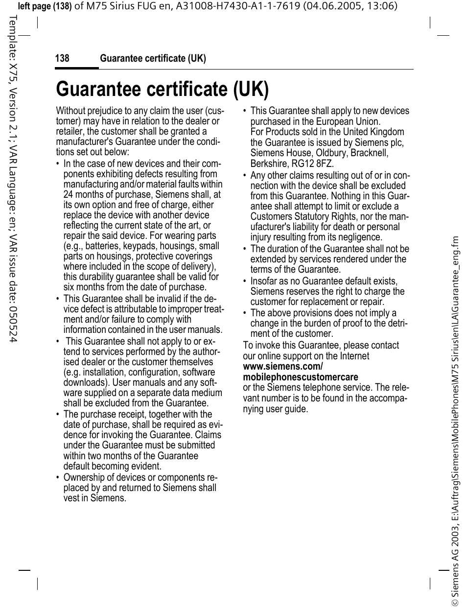 Guarantee certificate (uk) | Siemens M75 User Manual | Page 139 / 153