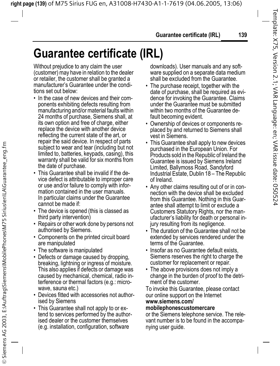 Guarantee certificate (irl) | Siemens M75 User Manual | Page 140 / 153