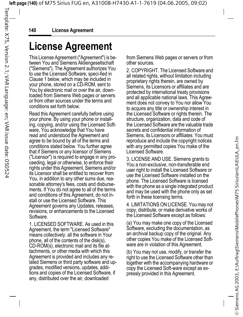 License agreement | Siemens M75 User Manual | Page 141 / 153