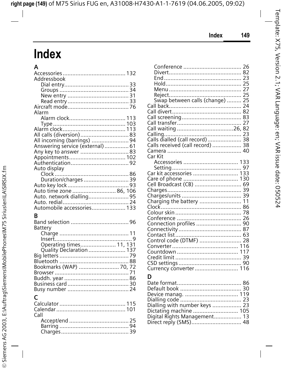 Index | Siemens M75 User Manual | Page 150 / 153