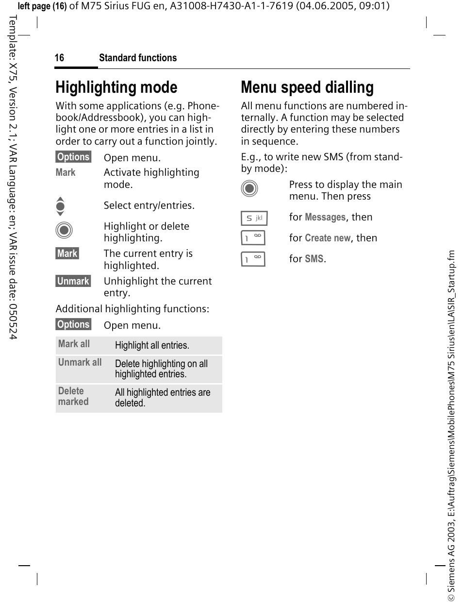 Highlighting mode, Menu speed dialling, Highlighting mode menu speed dialling | Siemens M75 User Manual | Page 17 / 153