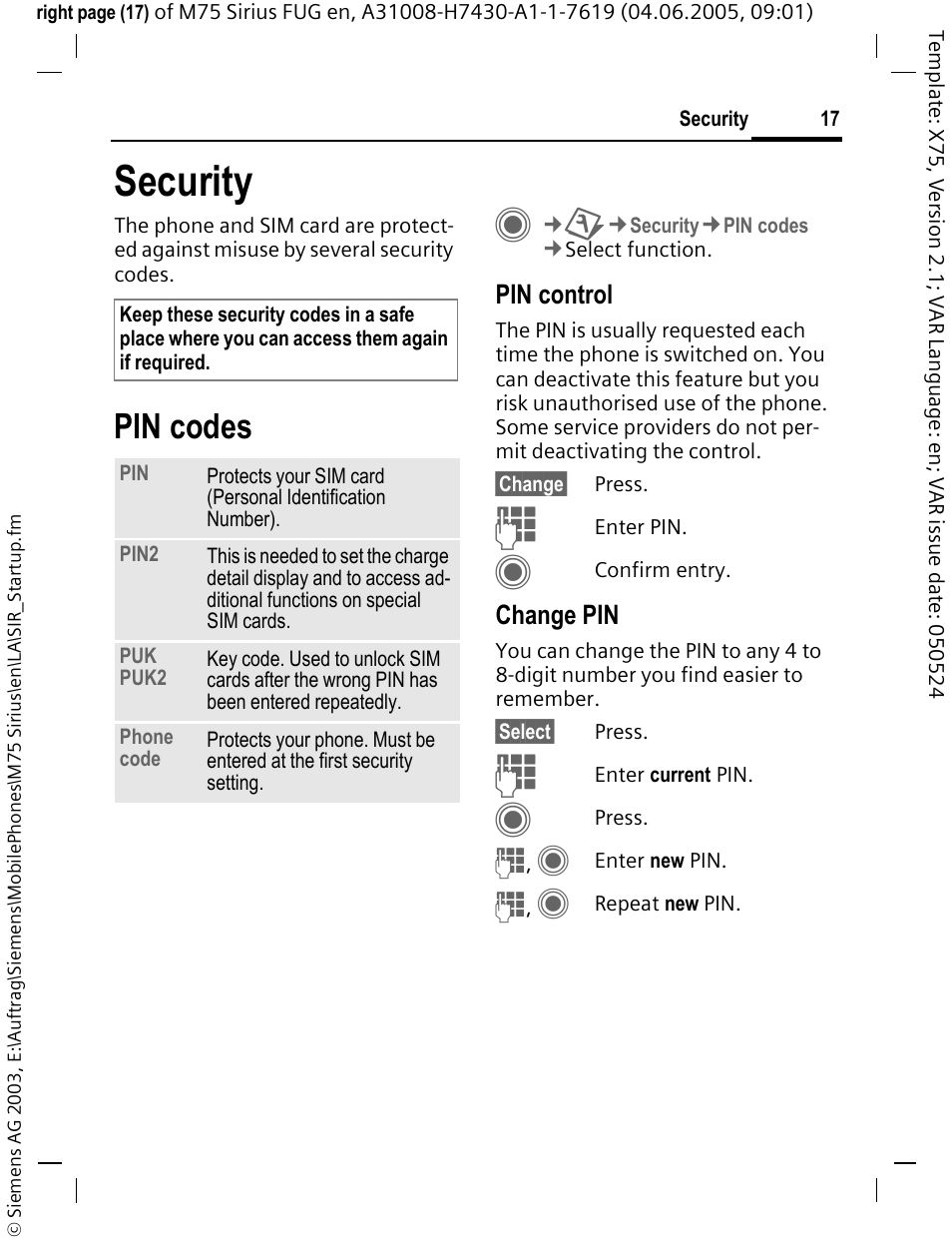 Security, Pin codes | Siemens M75 User Manual | Page 18 / 153