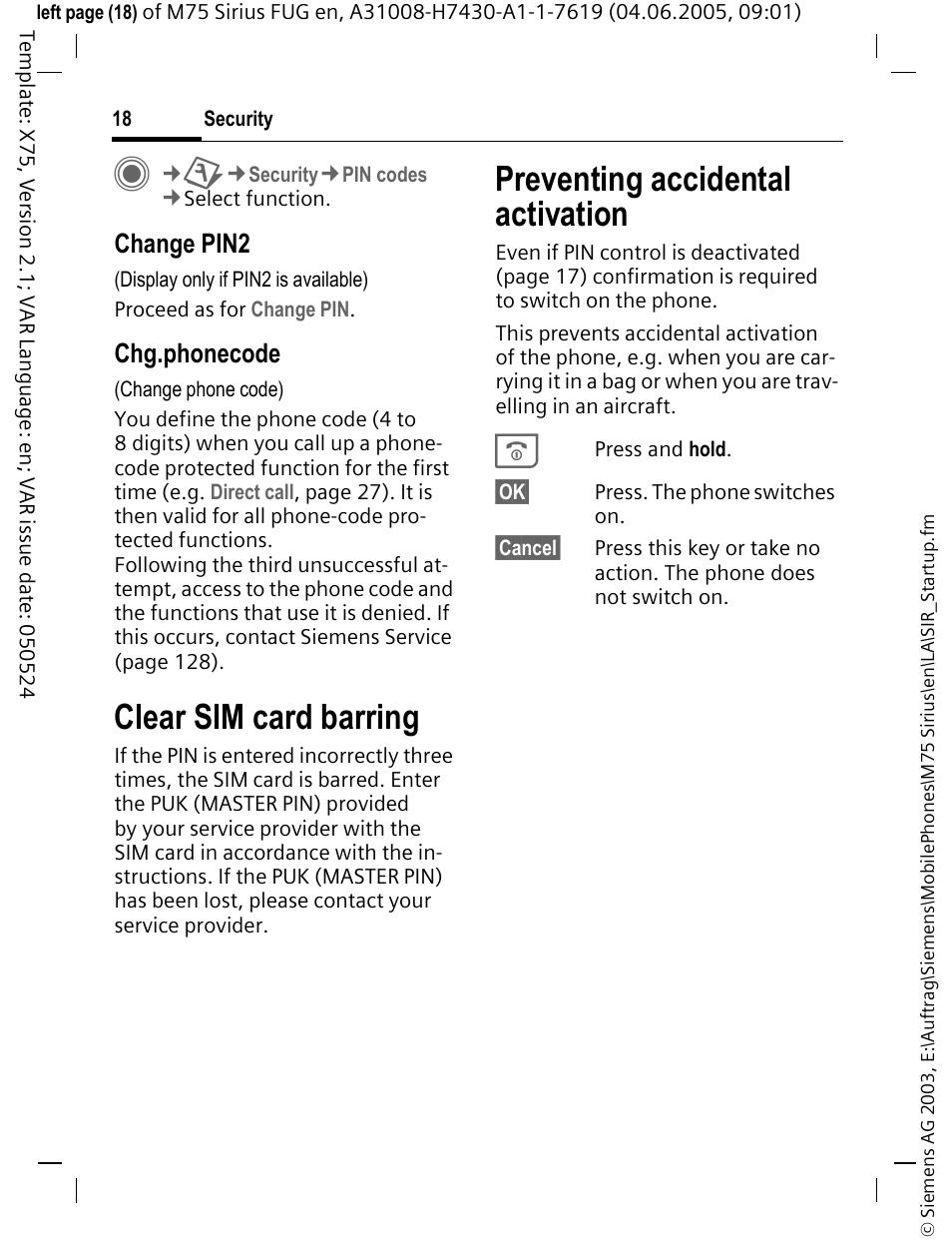 Preventing accidental activation, Clear sim card barring | Siemens M75 User Manual | Page 19 / 153