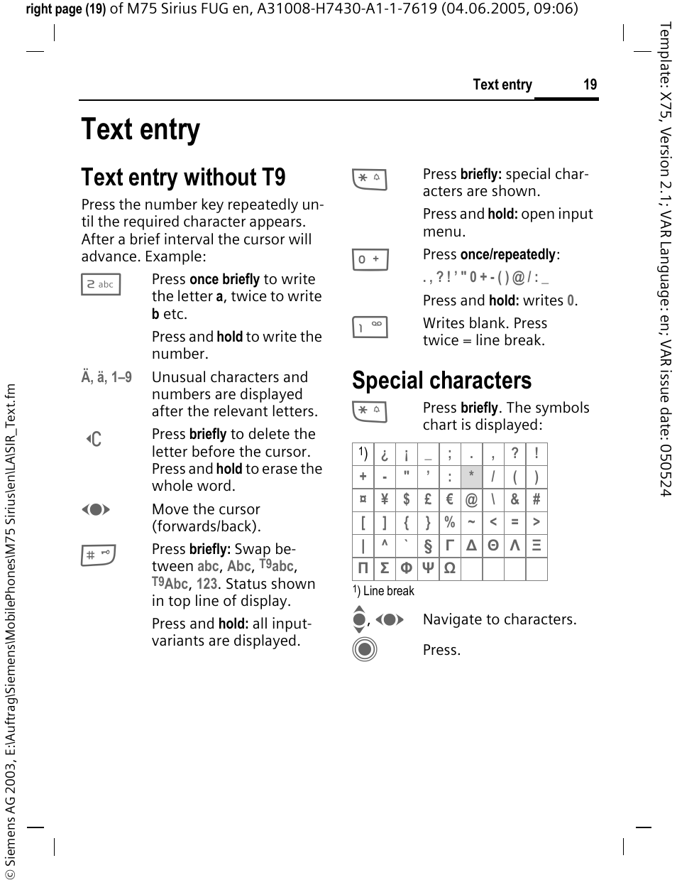 Text entry, Text entry without t9, Special characters | Siemens M75 User Manual | Page 20 / 153