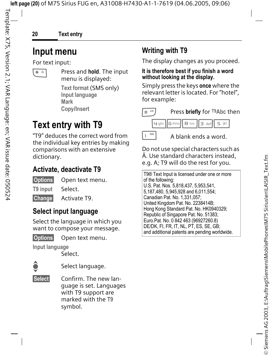 Input menu, Text entry with t9, Activate, deactivate t9 | Select input language, Writing with t9 | Siemens M75 User Manual | Page 21 / 153