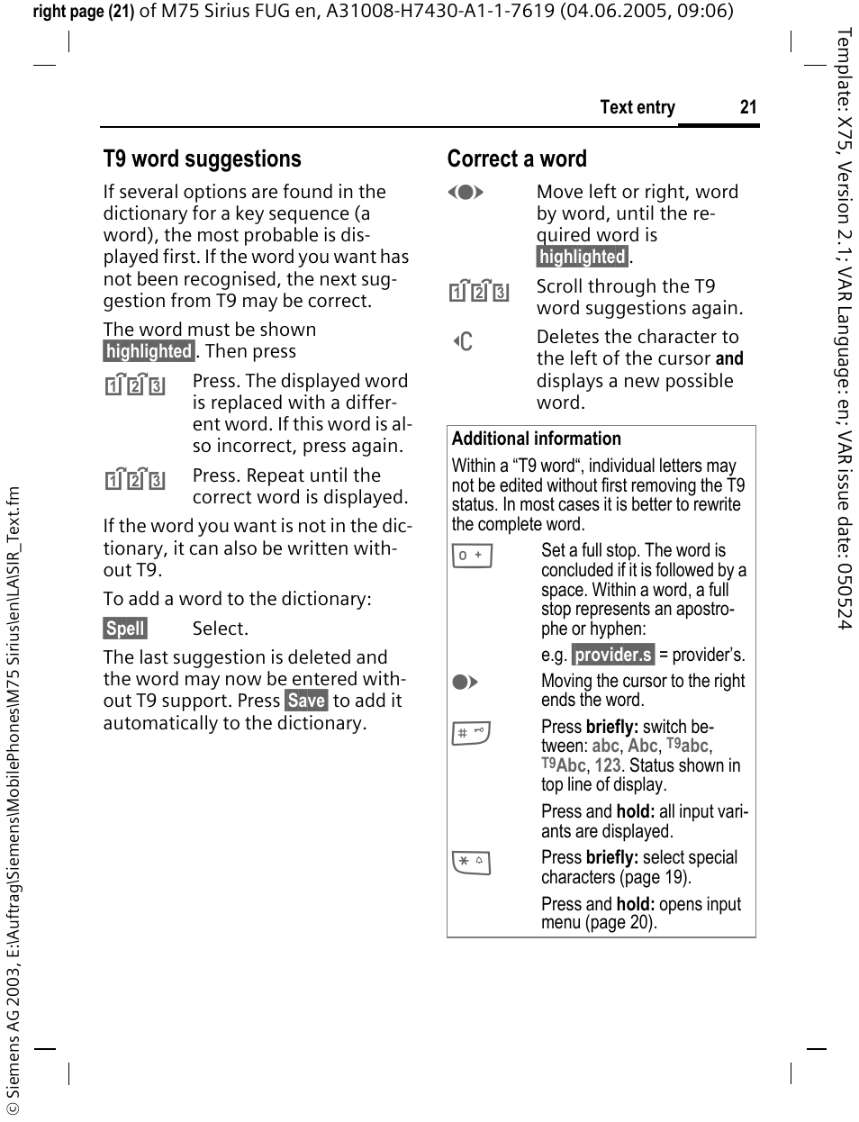 T9 word suggestions, Correct a word | Siemens M75 User Manual | Page 22 / 153