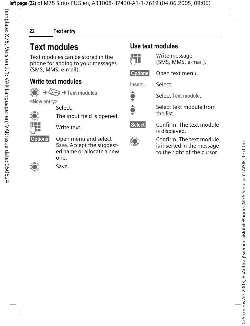 Text modules | Siemens M75 User Manual | Page 23 / 153