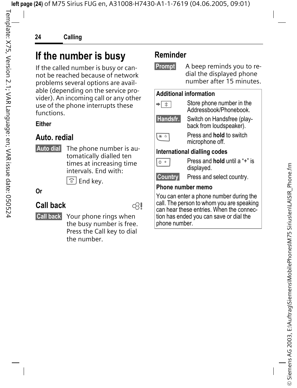 If the number is busy, Auto. redial, Call back b | Reminder | Siemens M75 User Manual | Page 25 / 153