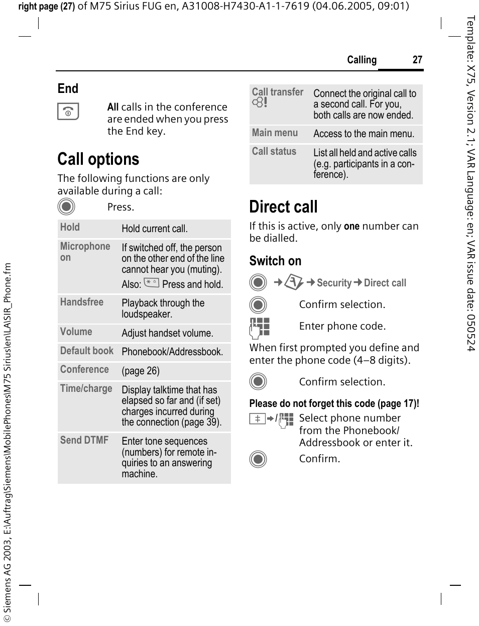 Call options, Direct call | Siemens M75 User Manual | Page 28 / 153