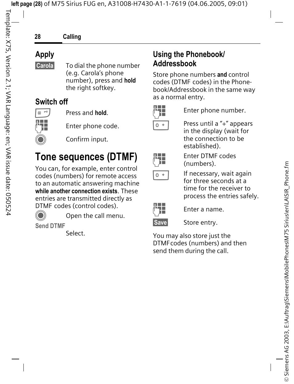 Tone sequences (dtmf) | Siemens M75 User Manual | Page 29 / 153