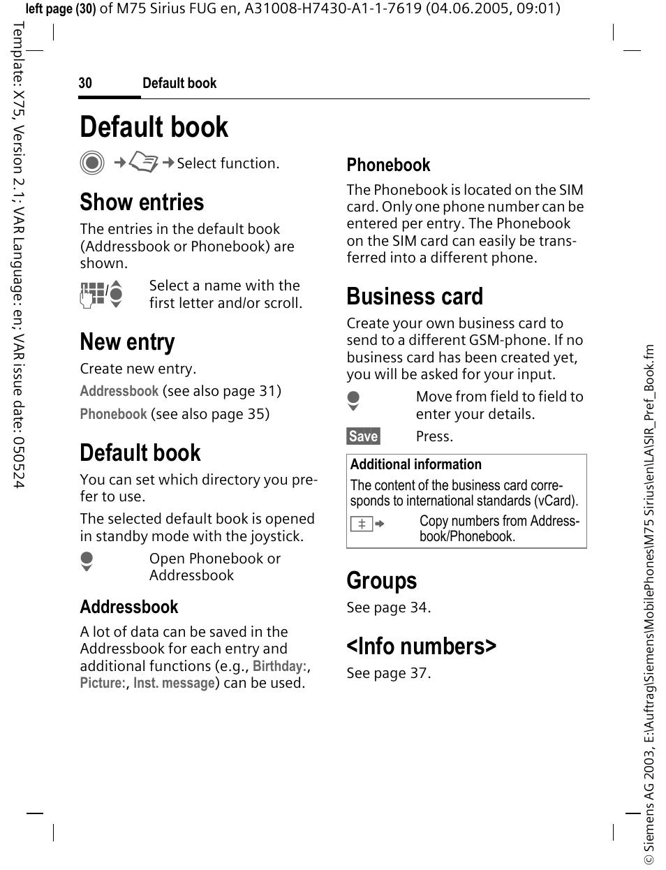 Default book, Default book c, Show entries | New entry, Business card, Groups, Info numbers | Siemens M75 User Manual | Page 31 / 153