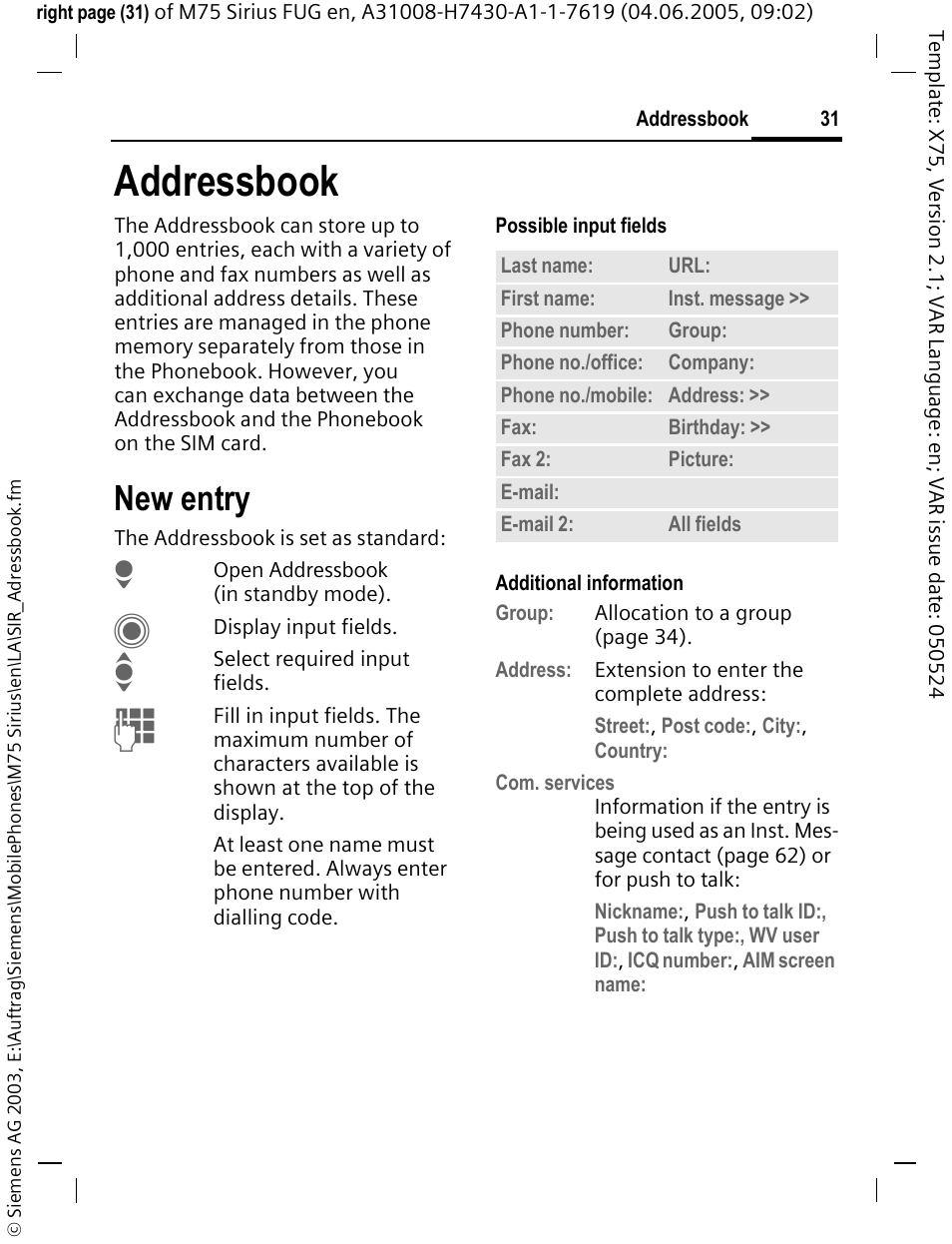 Addressbook, New entry | Siemens M75 User Manual | Page 32 / 153