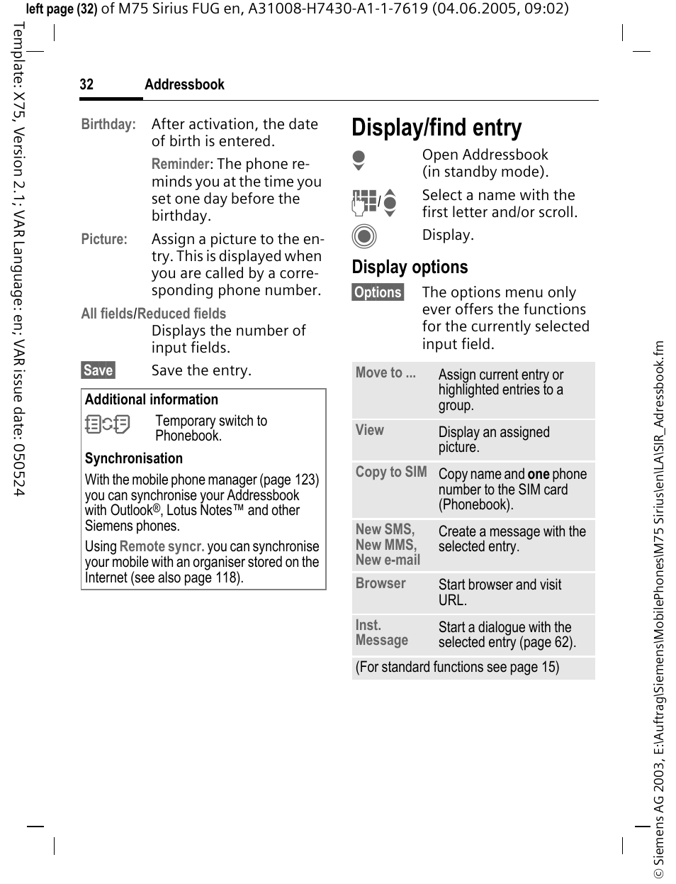 Display/find entry, Display options | Siemens M75 User Manual | Page 33 / 153